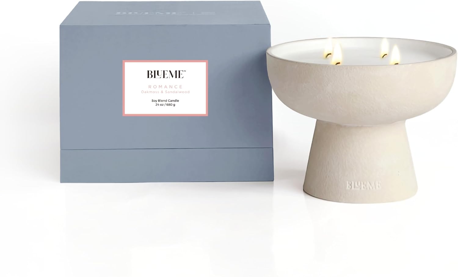 Blueme Romance Candle | Oakmoss & Sandalwood | 4 Wick - Refillable Wellness Candle with Essential Oils, Hand Finished & Poured Soy Wax Blend Ceramic Vessel, Natural Cotton Wicks | Large 24 oz